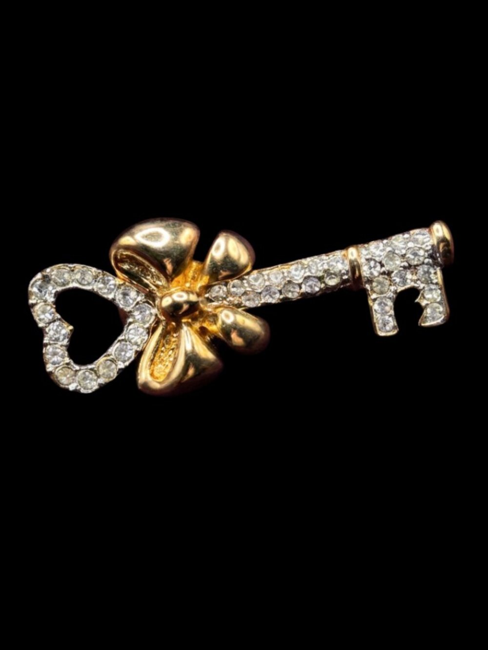 Vintage Gold and Rhinestone Key Brooch Designer Marks in Gift Box